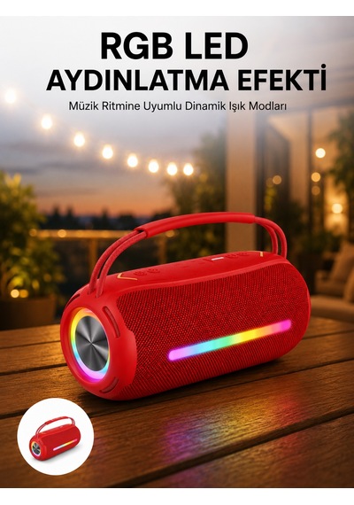 360 Rgb Led'li Taşınabilir Bluetooth Hoparlör Kırmızı, Usb/tf Destekli - 5000