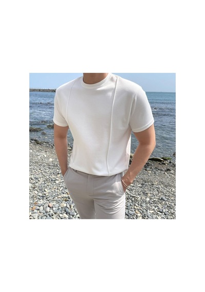 Cool Tarz Beyaz Erkek Yuvarlak Yaka 2 Çizgili Örme T-shirt Beyaz Beyaz