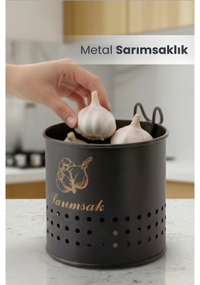 Metal Lüx Asılabilir Siyah Sarımsaklık Kovası Sarımsak Saklama Kabı