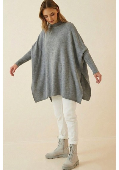 Onno Style Women Düz Triko Standart Panço Gri