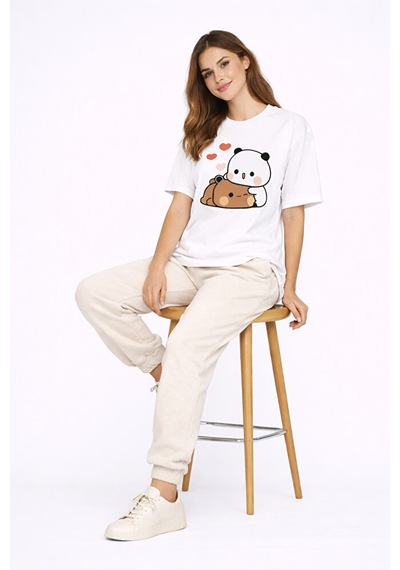 Sevimli Panda Baskılı Sevgili Kombini Çift Tişört Oversize Unisex Beyaz