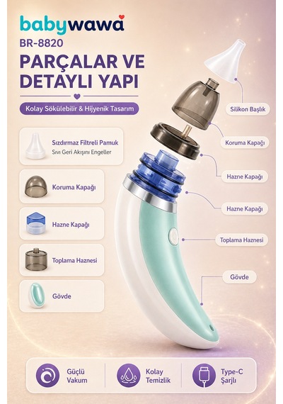 Babywawa Br-8820 0-12 Yaş Şarjlı Bebek Burun Aspiratörü 5 Kademe Güçlü Vakum