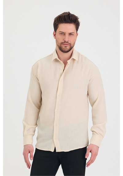 Cool Tarz Erkek Slim Fit Dar Kalıp Uzun Kol Pamuklu Keten Efekt Gömlek Krem Krem
