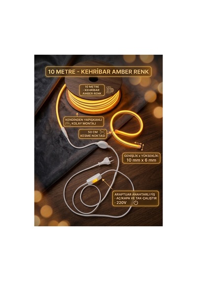 5 Metre Amber 220v Neon Led Şerit ,tak Çalıştır Set, Fişli Anahtarlı Esnek Şerit Led, ,turuncu Led,mutfak,tezgah Ledi,led Şerit Işık ,ambiyans Işık Havuzu, Kendinden Yapışkanlı,kehribar Led