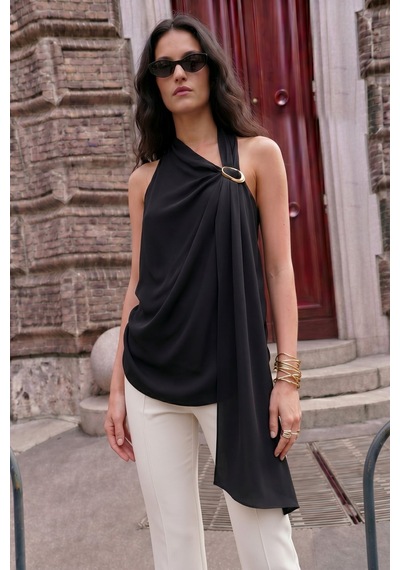 Sateen Aksesuar Detaylı Kolsuz Bluz - Siyah-137509