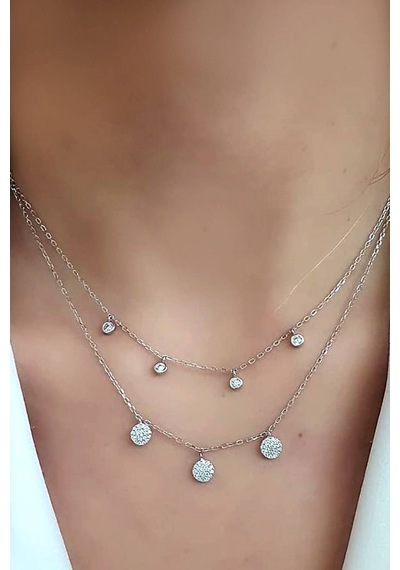 Swarovski Taşlı 925 Ayar Gümüş Çift Zincirli Modern Kolye