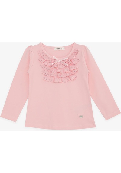 Breeze Kız Çocuk Uzun Kollu Tişört Güpürlü Fiyonklu 3-8 Yaş, Pembe-pembe Pembe