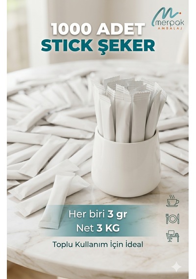 Merpak Ambalaj Tek Kullanımlık Beyaz Toz Şeker 1000 x 3 Gr