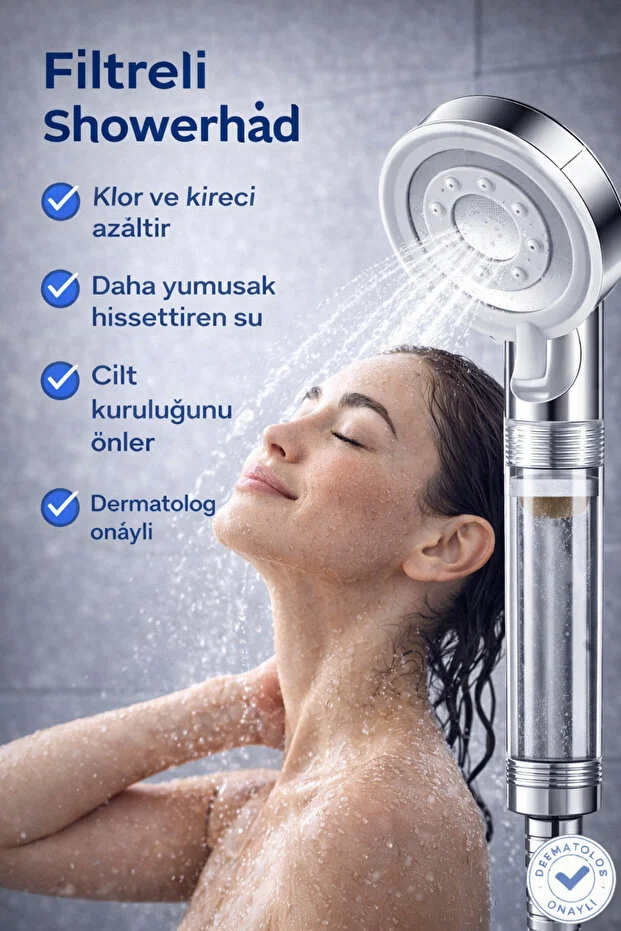 Filtreli Duş Başlığı 10 Yedek Filtreli Kireç Klor Azaltıcı Beyaz