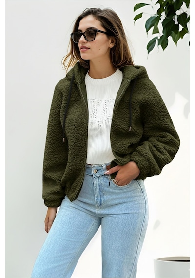 Hiramir Peluş Kapüşonlu Kadın Bomber Mont Taş Ks2503 Haki