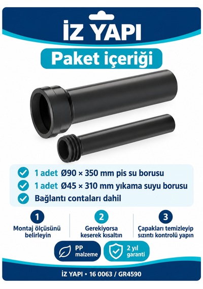 İz Yapı Gr4590 Asma Klozet Gömme Rezervuar Bağlantı Seti 90x350 Ve 45x310 Mm Siyah