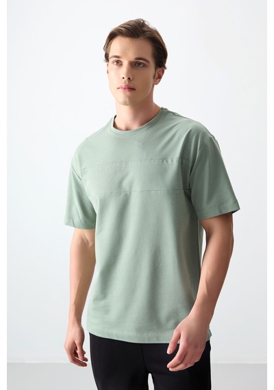 Air Jones Tommy Life Açık Yeşil Pamuklu Kalın Yumuşak Dokulu Oversize Fit Basic Erkek T-shirt - 88378 CAMEL