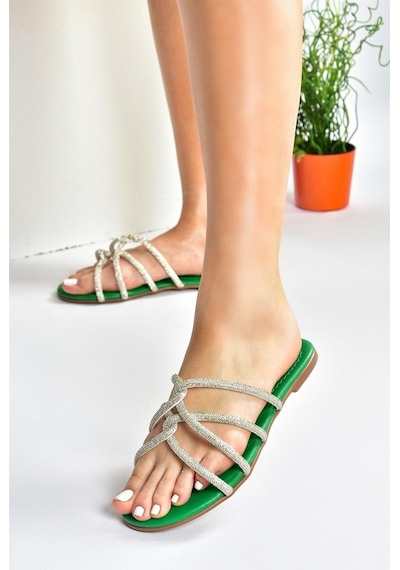 Fox Shoes Yeşil Sim Parlak Kadın Düz Terlik M272007514