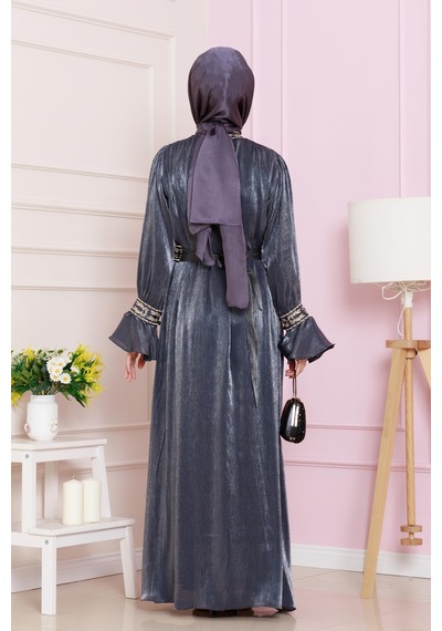 Kolu Volanlı Nakış Detaylı Abiye-lacivert-4710
