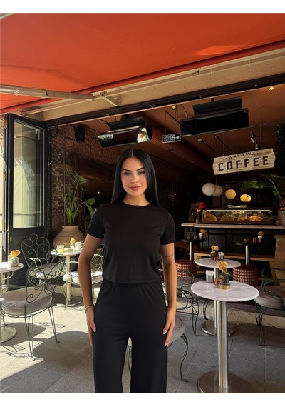 WeShaya Siyah Modal Polyester Palazzo Takım Siyah