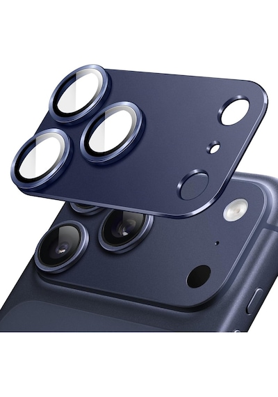 Apple Uyumlu iPhone 17 Pro Tek Parça Tam Kapatan Metal Temperli Kamera Lens Koruyucu Mavi