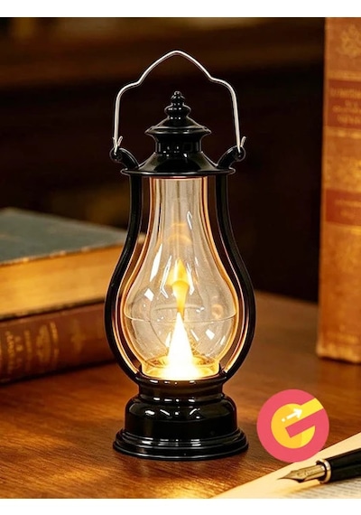 Retro Alev Efektli Led Lamba Pilli Gaz Lambası Modeli Kandil Atmosfer Dekoratif Ramazan Yılbaşı Aydınlatma Siyah