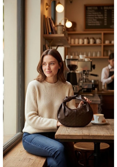 Glemix Helen Düğümlü Acı Kahve Örgü Desen Trend Mini Kadın Bowl Bag Acı Kahve Örgü Cilt