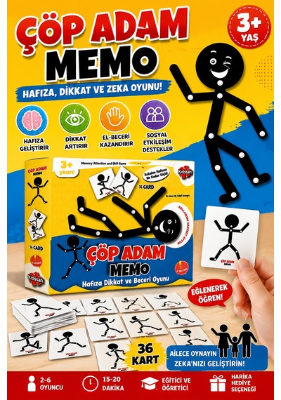 Çöp Adam Memo Kart Oyunu Hafıza Dikkat Ve Zeka Geliştirici Eğitici Aile Oyunu 3+ Yaş