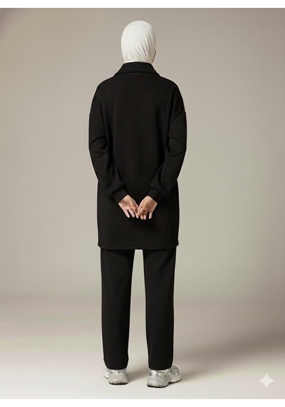 Afri 3 İplik Şardonlu Siyah Oversize Fermuarlı Tunik Sweatshirt - Günlük Spor Elbise Siyah