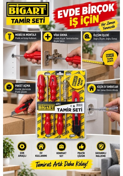 7 Parça Tamir Seti Tornavida, Kontrol Kalemi, Şerit Metre Ve Maket Bıçağı Çok Amaçlı Ev & Atölye S