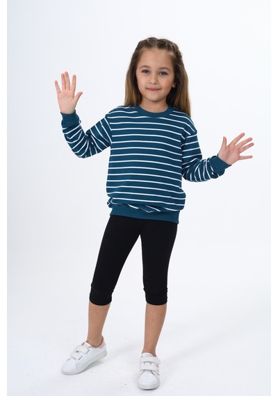 Toontoy Kız Çocuk Regular Fit Bisiklet Yaka Düşük Omuz Çizgili Sweatshirt - 2 İplik Petrol Mavi