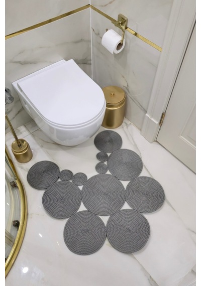 El Yapımı Bohem Jüt, Hasır, Paspas, Banyo Paspası, Klozet Önü Paspası, Klozet Paspas, Çift Taraflı Gri