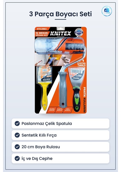 3 Parça Boyacı Seti Spatula Kestirme Fırça 20 Cm Boya Rulo İç Cep