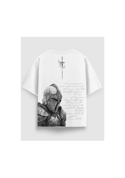 Yolo Street Zırhlı Şövalye Baskılı Oversize Unisex Tişört %100 Pamuk Streetwear Beyaz1x