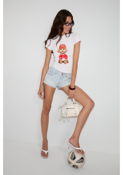Grımelange Salma Kadın Yumuşak %100 Organik Pamuklu Dünya Kupasına Özel Baskılı Beyaz T-shirt