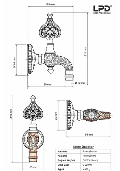 Desenli Özel Osmanlı Musluğu Bakır-oksit Eskitme