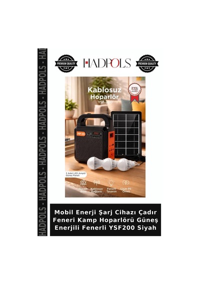 Mobil Enerji Şarj Cihazı Çadır Feneri Kamp Hoparlörü Güneş Enerjili Fenerli Ysf200 Siyah