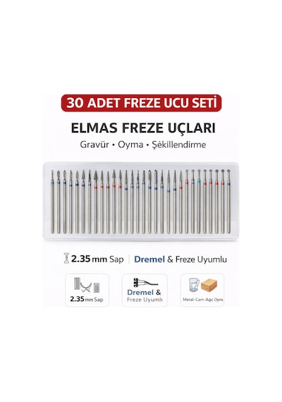 Senbang Elmas Freze Ucu Seti 30 Parça 2.35 Mm Sap Dremel Uyumlu Gravür Oyma Uçları