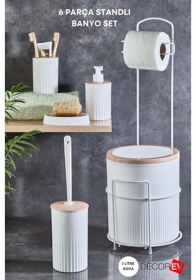 Decorev Banyo Set 6 'lı Metal Standlı Tuvalet Wc Kağıtlık Lüks Set Beyaz