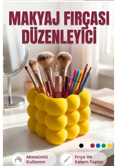 Makyaj Fırçası Ve Kalem Düzenleyici Masaüstü Organizer Kutu - 8 Cm Sarı