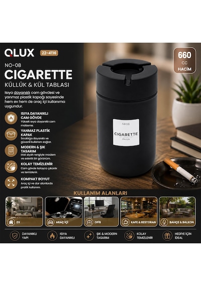 Qlux C-00570 Küllük 660cc No-08 Cıgarette Siyah Cam Kül Tablası Siyah Plastik Kapak - 12'li Paket