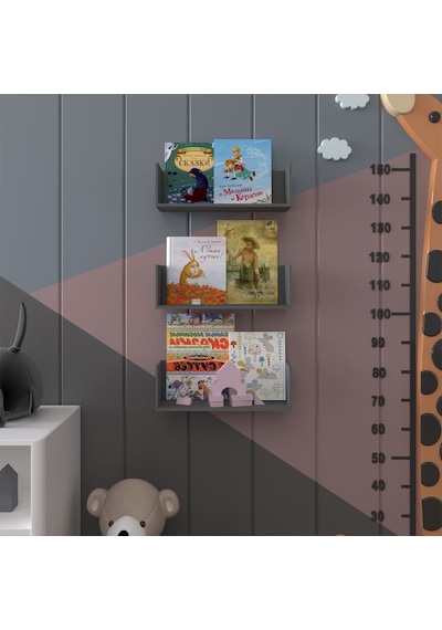 Asra Trend Çocuk Odası Duvar Rafı Kitaplık ÇR-03 %100 MDF 3'lü Set Antrasit