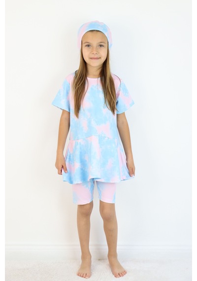 Lyraxkids Kız Çocuk Bisiklet Yaka Etekli Mayo Ve Tayt Bone Dahildir. Pembe - Mavi