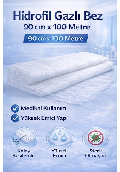 Hidrofil Gazlı Bez 90 Cm X 100 Metre Medikal Emici Steril Olmayan Gazlı Bez Rulo