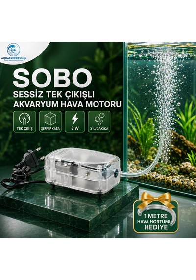 Sobo Sessiz Hava Motoru - Tek Çıkışlı - Şeffaf Tasarım - 1 Metre Hava Hortumu Hediye - 2w - 3lt/saat