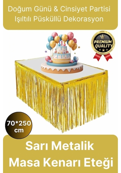Premium Dekorasyon Püsküllü Işıltılı Doğum Günü Cinsiyet Partisi Sarı Masa Kenarı Eteği 70 250cm Diğer
