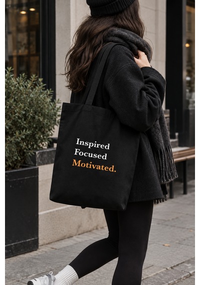 Lunora Collection Inspired Focused Motivated Baskılı Körüklü Kanvas Bez Çanta Siyah