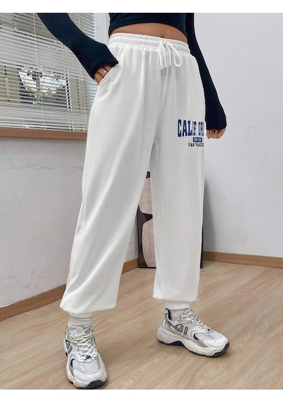 Letter Graphic Drawstring Waist Slant Pocket 4 Mevsim Eşofman Beyaz
