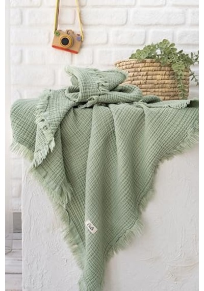 Müslin 4 Katlı Bebek Battaniyesi 110CM X 110CM%100 Doğal Organik Pamuk Yeşil Renk Genel