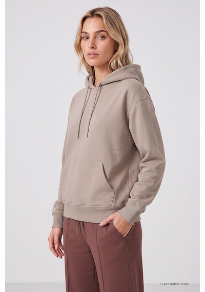 TOMMYLIFE Koyu Bej Standart Kapüşonlu Kanguru Cepli Basic Kadın Sweatshirt - 97321
