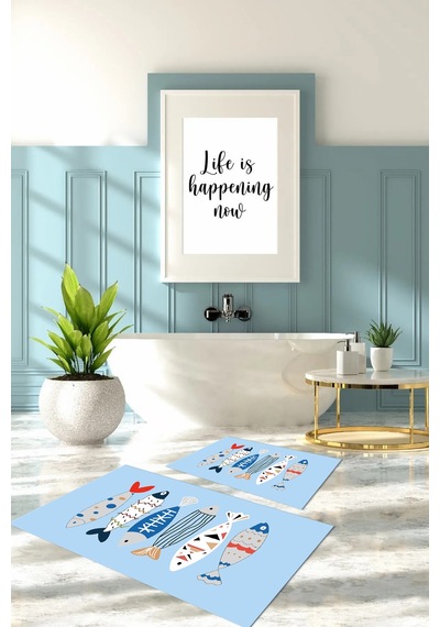Buççin Online Mağaza Dijital Baskılı Yıkanabilir Renkli Balık Desenli Banyo Paspası Klozet Takımı Polyester Mavi Çok Renkli