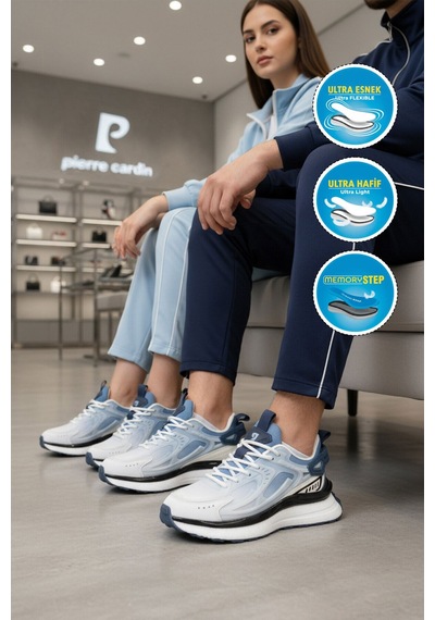 Pierre Cardin Beyaz Mavi Fileli Hafif Esnek Hafızalı Taban Unisex Spor Ayakkabı Pcı-10106 G Beyaz - Mavi