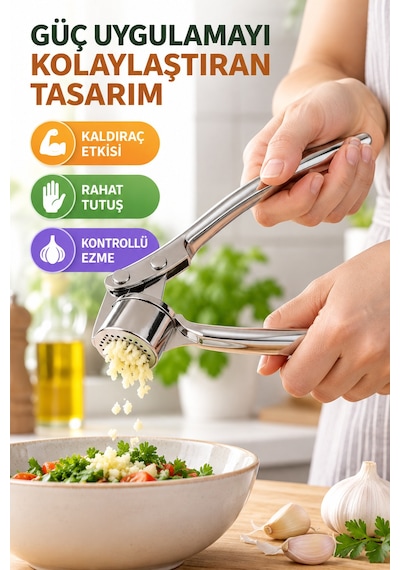 Paslanmaz Çelik Sarımsak Ezeceği Metal Hazneli Pratik Sarımsak Ezme Presi Gümüş