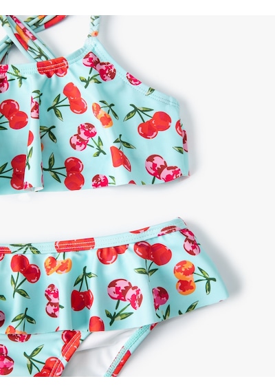 Koton Kirazlı Bikini Seti 2 Parça Fırfırlı Çapraz Askılı Mavi 4skg00006mm Mavi