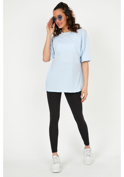 Düz Basic T-shirt - Buz Mavi Oversize Bisiklet Yaka Kısa Kol Tişört Mavi